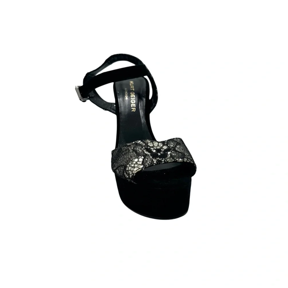 KURT GEIGER BLACK LACE OVER SILVER GLITTER PLATFORM HEELED SANDALS